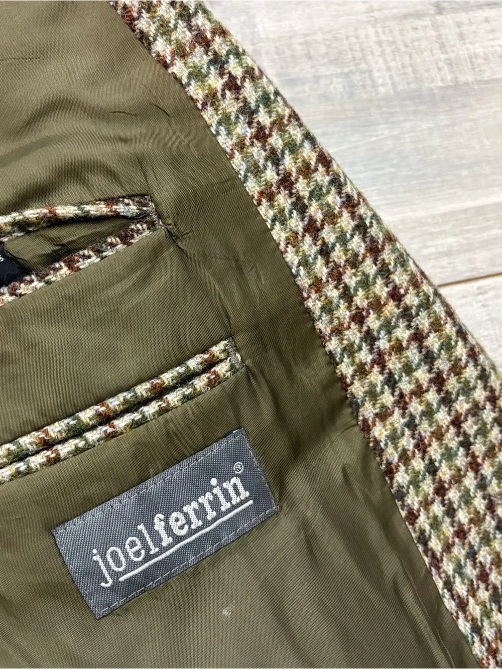 Vtg Joel Ferrin Harris Tweed Blazer Men's 46R Beige Houndstooth Wool Sport Coat